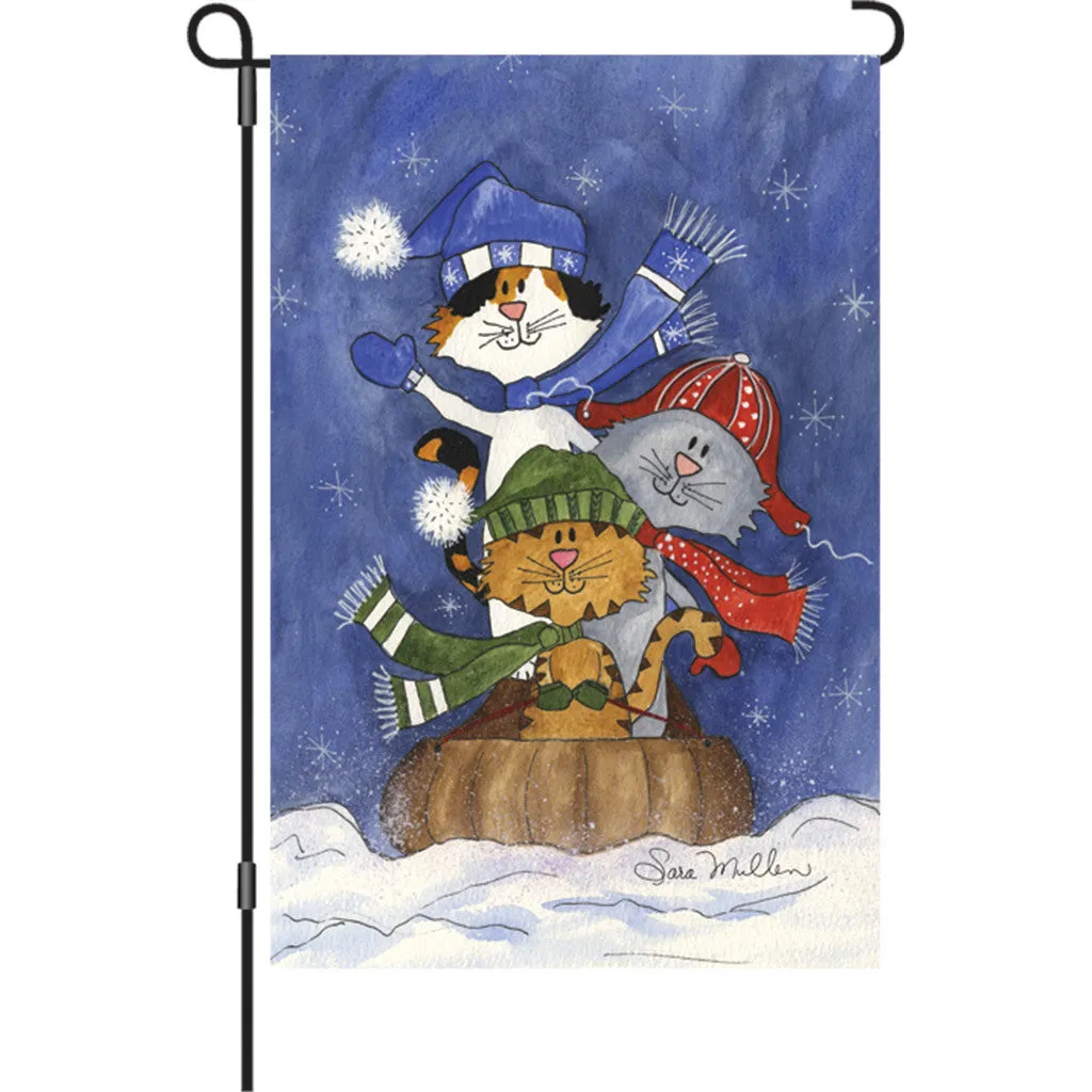 12 in. Christmas Cats Garden Flag - Sledding Friends