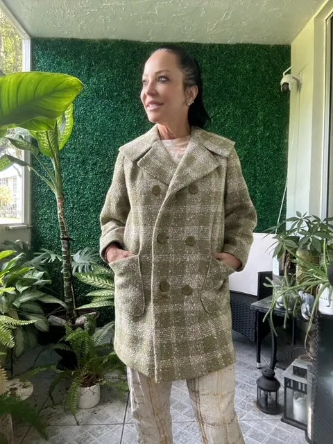 1960s Green Beige Plaid Loose Fit Long Jacket Tweed Coat Jackie O