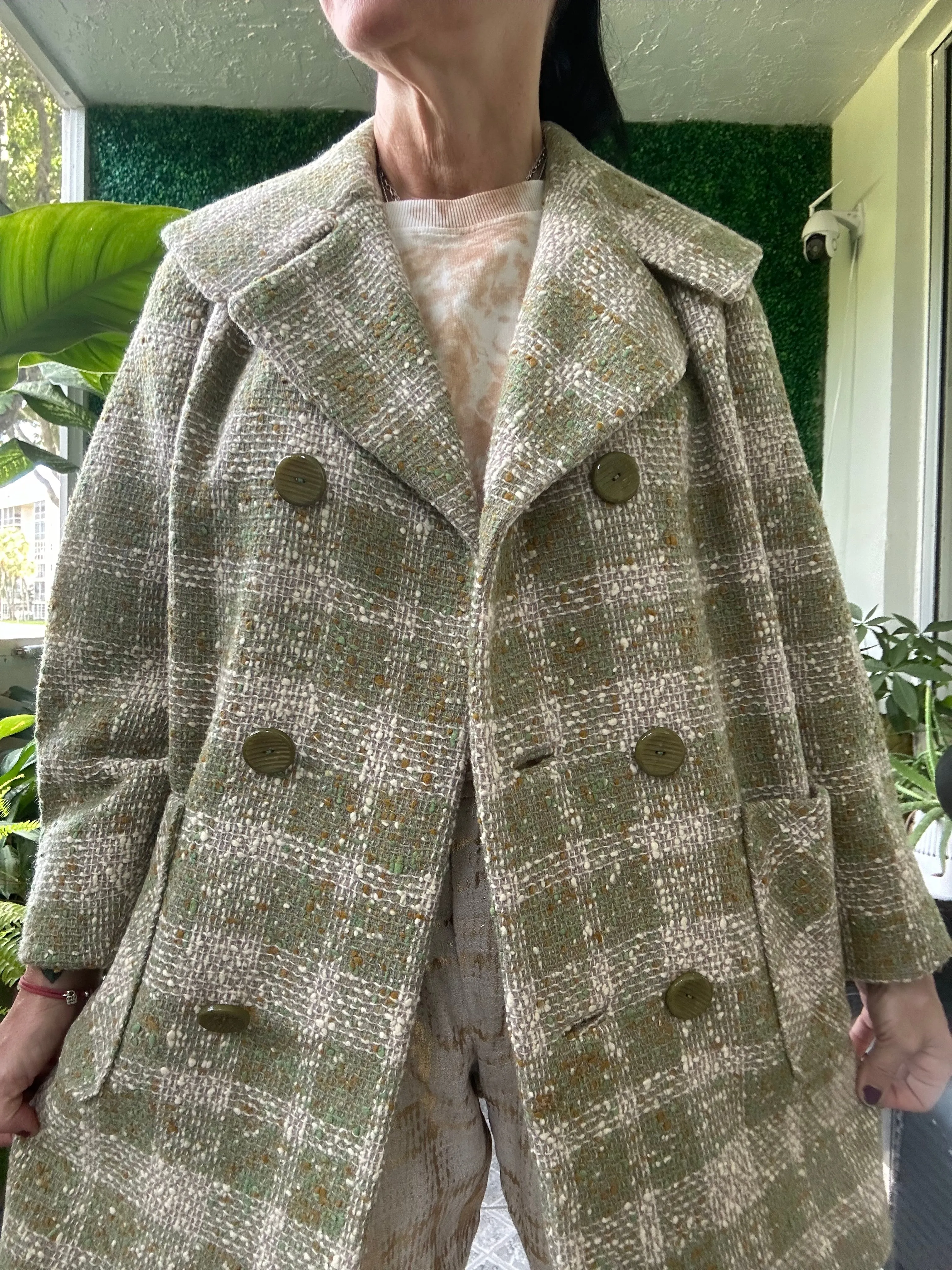 1960s Green Beige Plaid Loose Fit Long Jacket Tweed Coat Jackie O