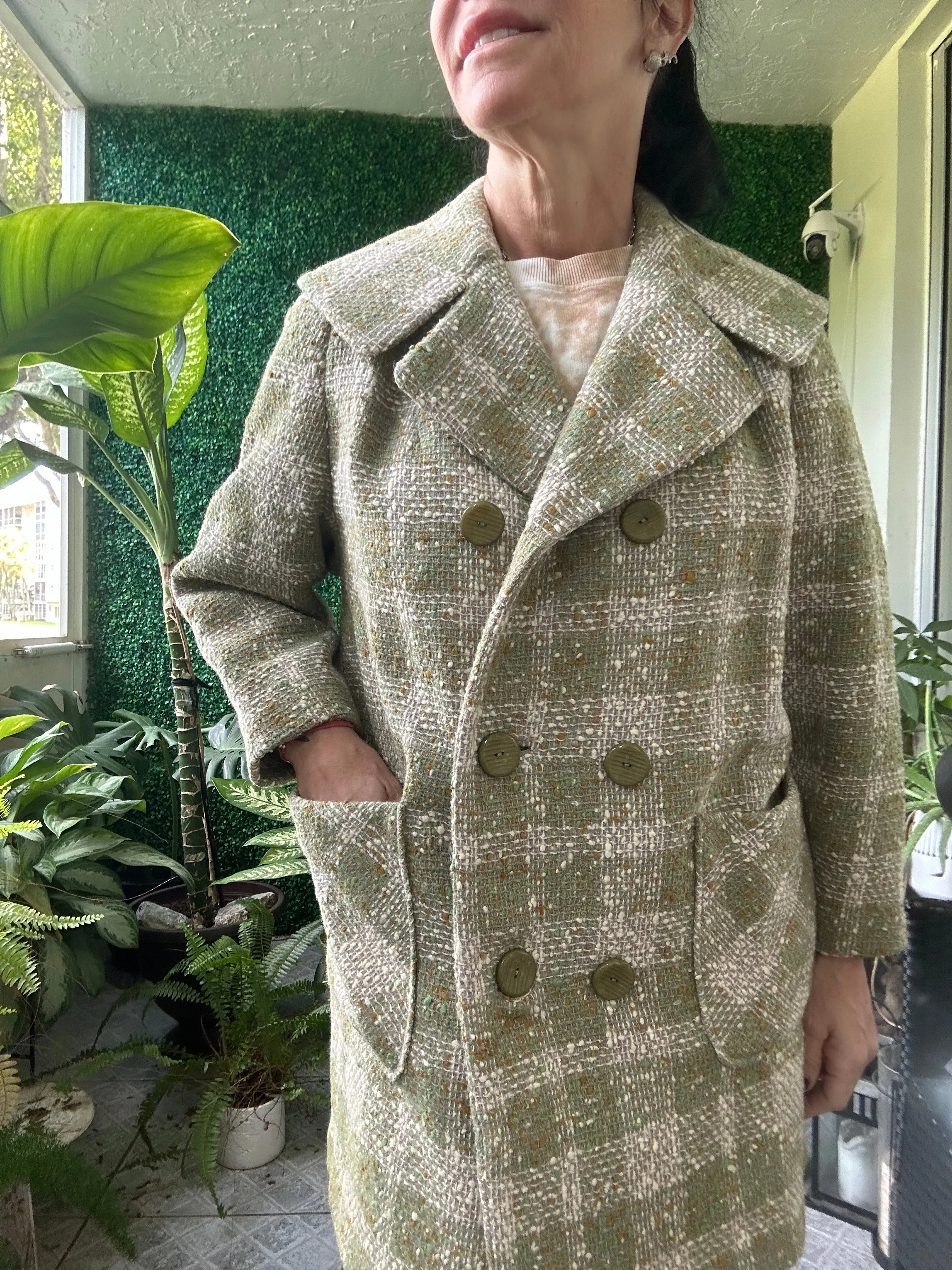 1960s Green Beige Plaid Loose Fit Long Jacket Tweed Coat Jackie O