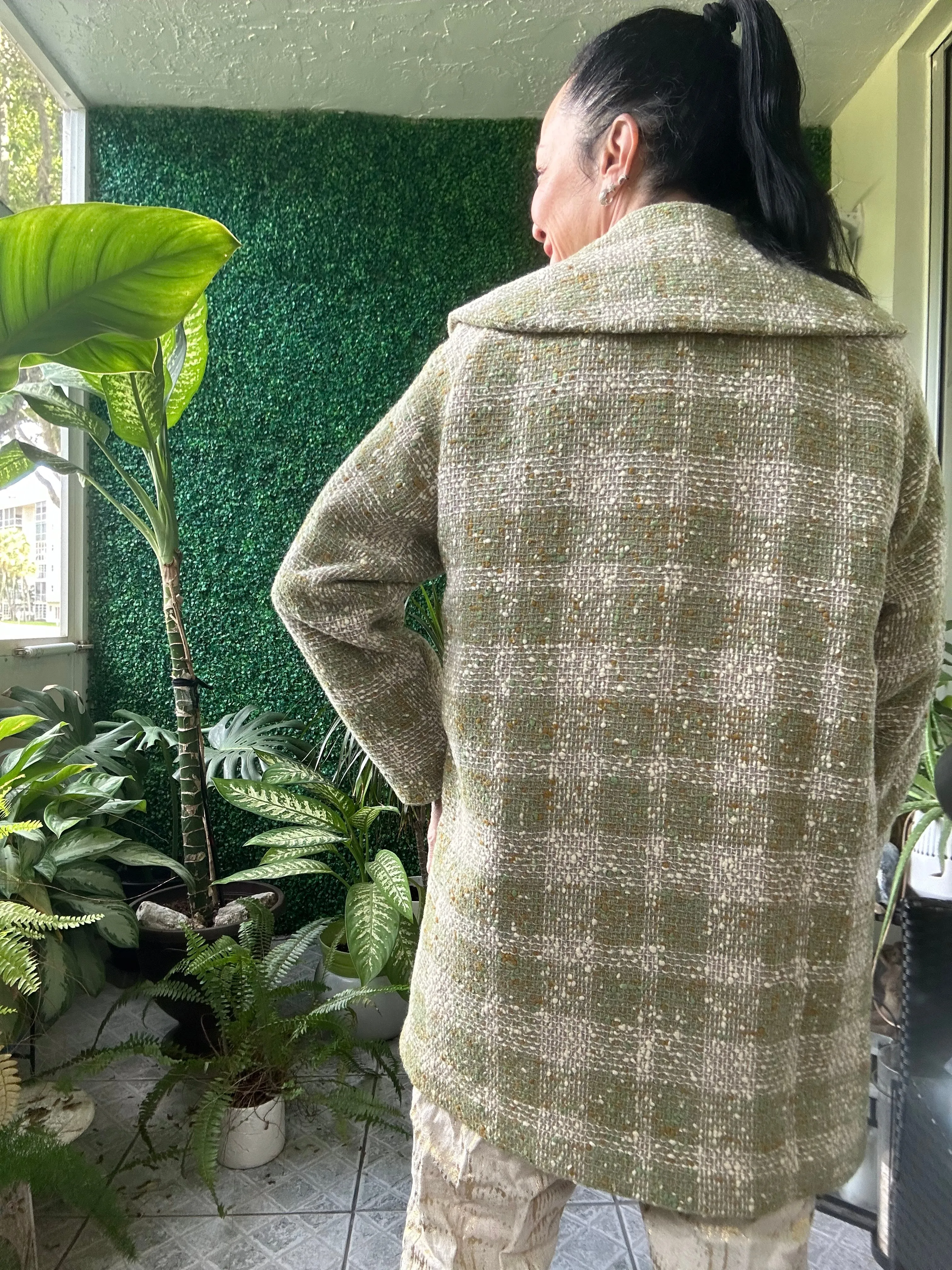 1960s Green Beige Plaid Loose Fit Long Jacket Tweed Coat Jackie O