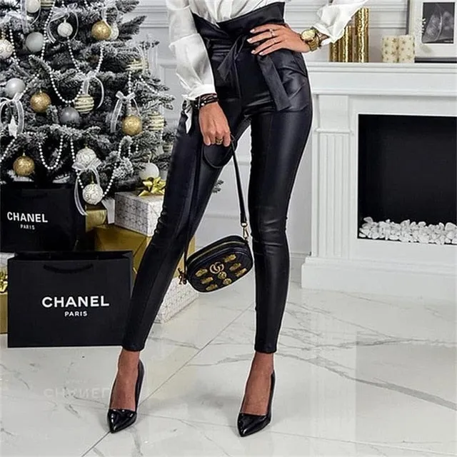 2021 Black Belt High Waist Pencil Pant Women Faux Leather Sizes S - L