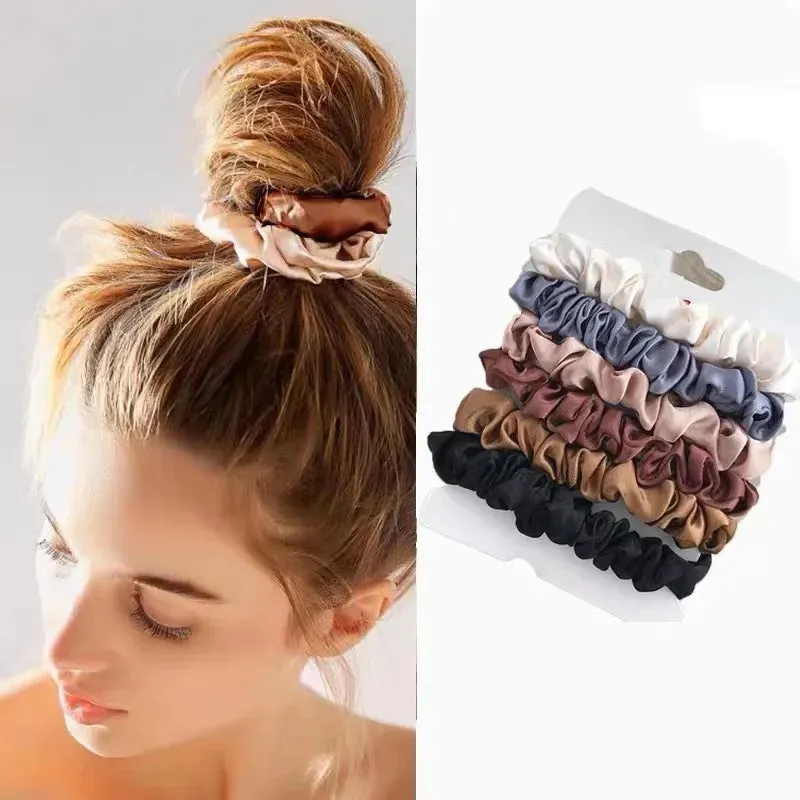 6 Pcs Elegant Silk Hair Scrunchies – Minimalist Elastic Ponytail Ties