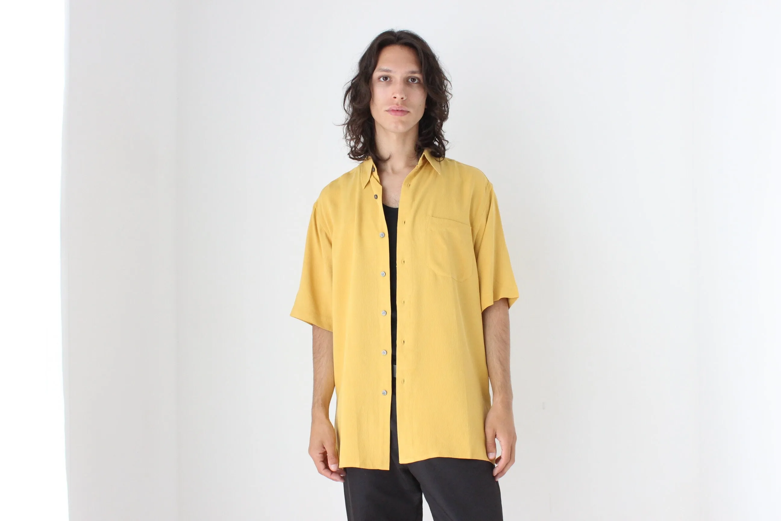 90s Textured Pure Silk Boxy Shirt in Sunshine