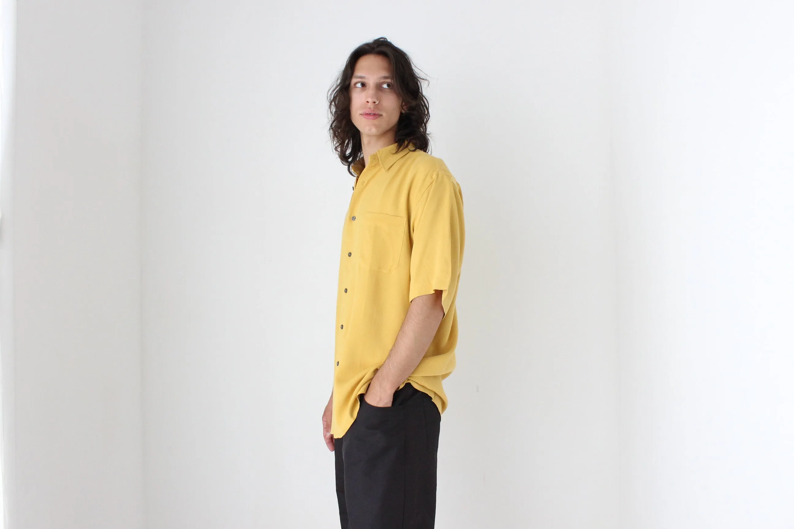 90s Textured Pure Silk Boxy Shirt in Sunshine