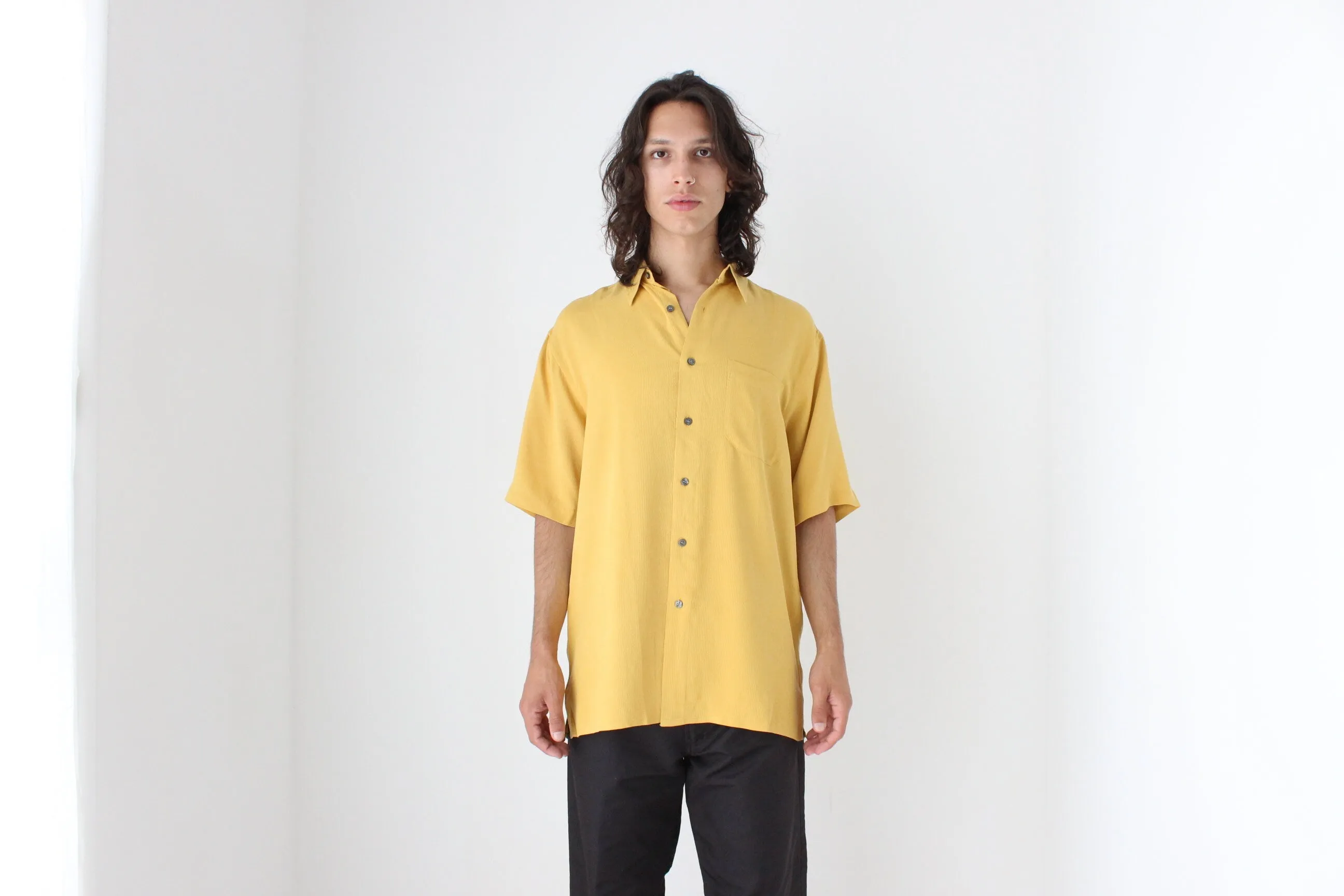 90s Textured Pure Silk Boxy Shirt in Sunshine