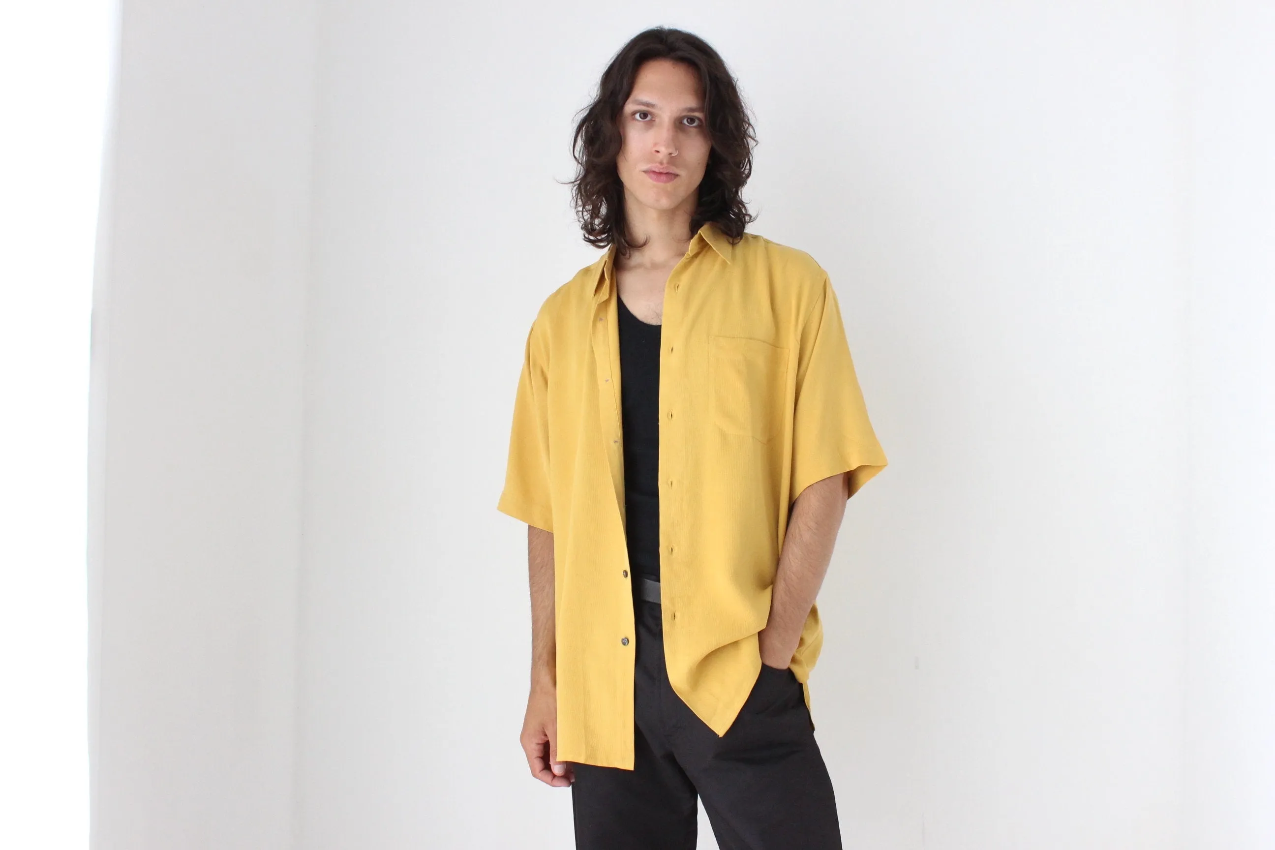 90s Textured Pure Silk Boxy Shirt in Sunshine