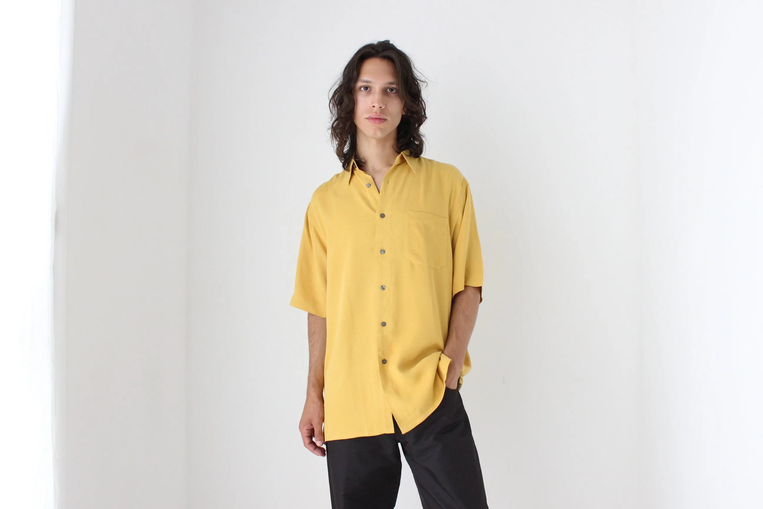 90s Textured Pure Silk Boxy Shirt in Sunshine