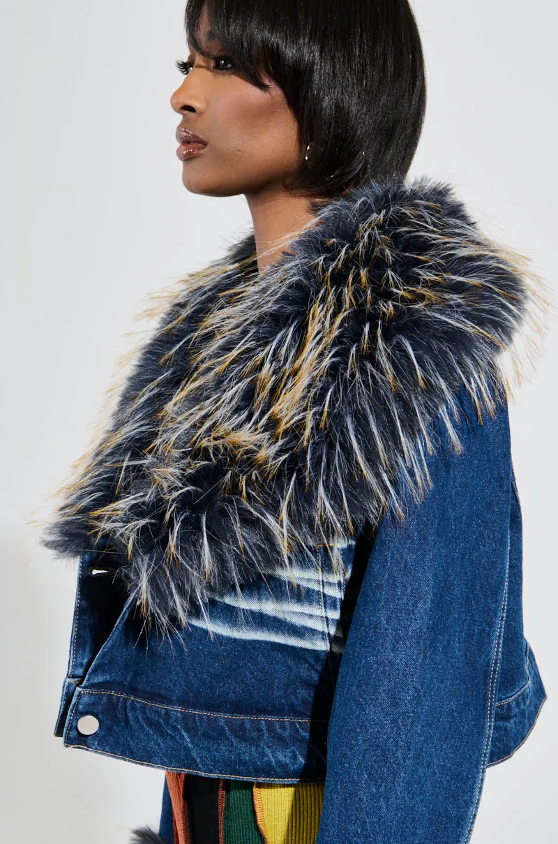 AD ASTRA FUR TRIM JACKET IN DARK BLUE DENIM