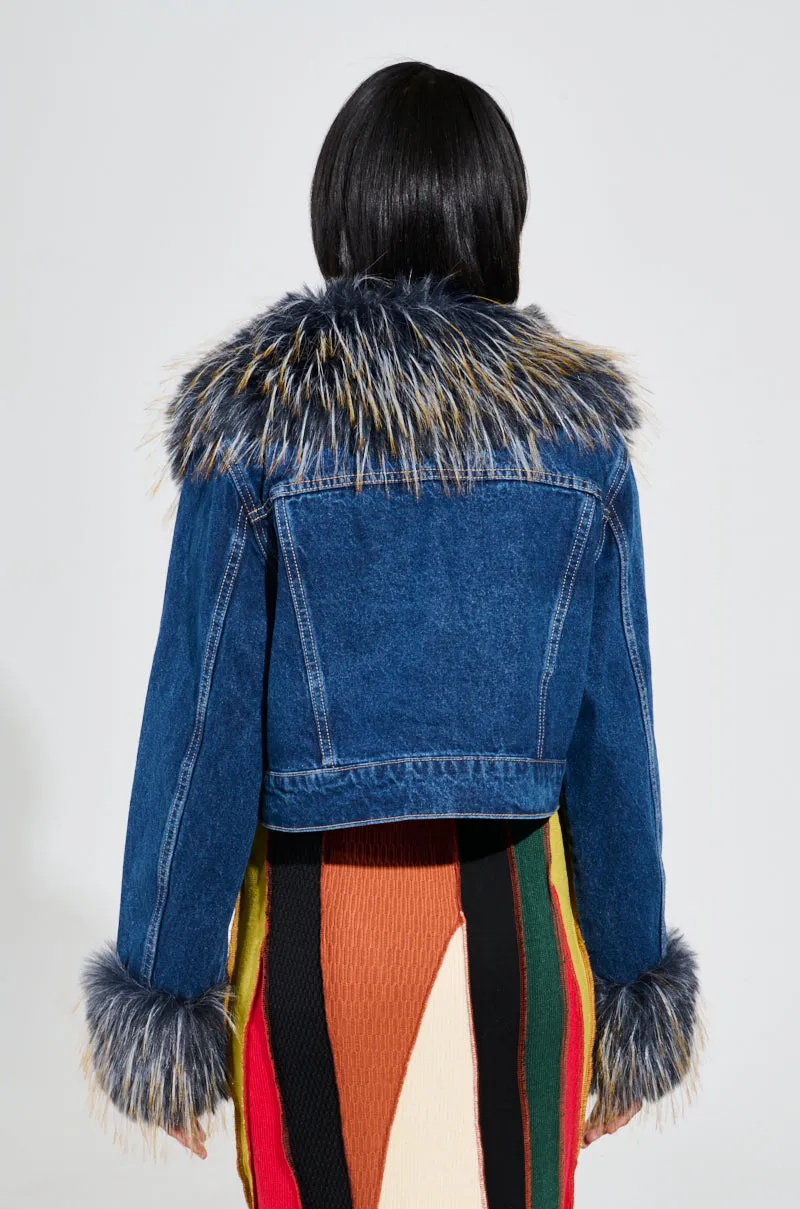 AD ASTRA FUR TRIM JACKET IN DARK BLUE DENIM