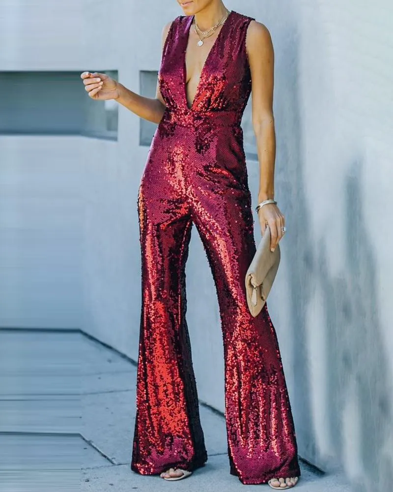 Allover Sequins Plunge Sleeveless Jumpsuit