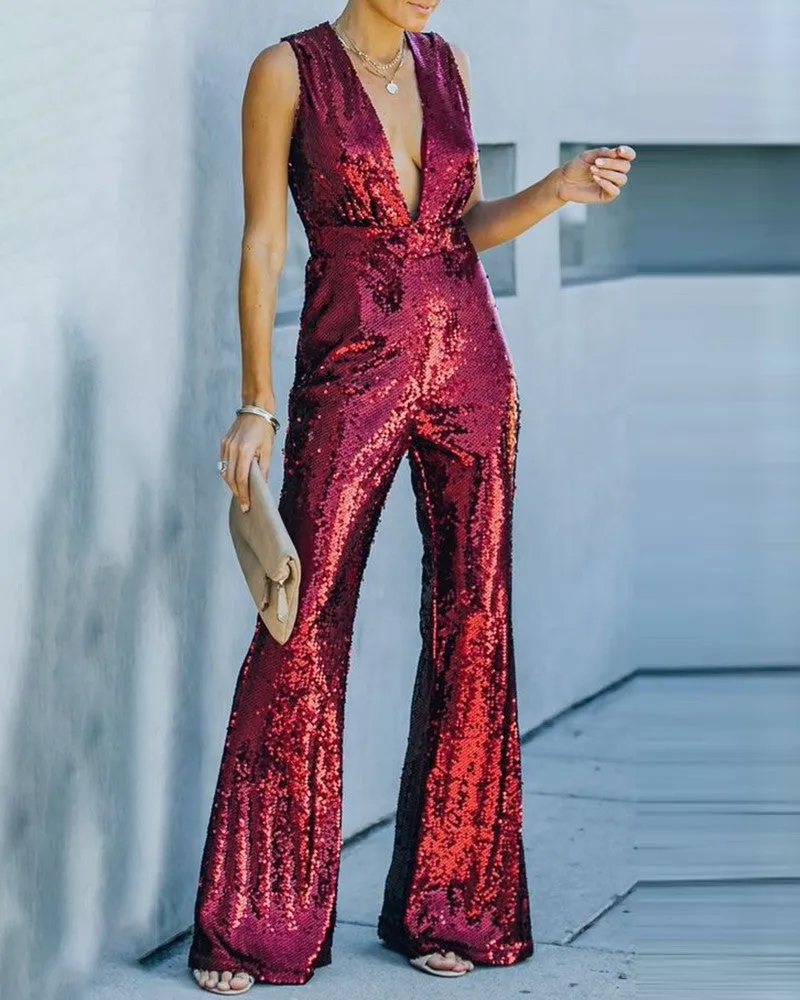 Allover Sequins Plunge Sleeveless Jumpsuit