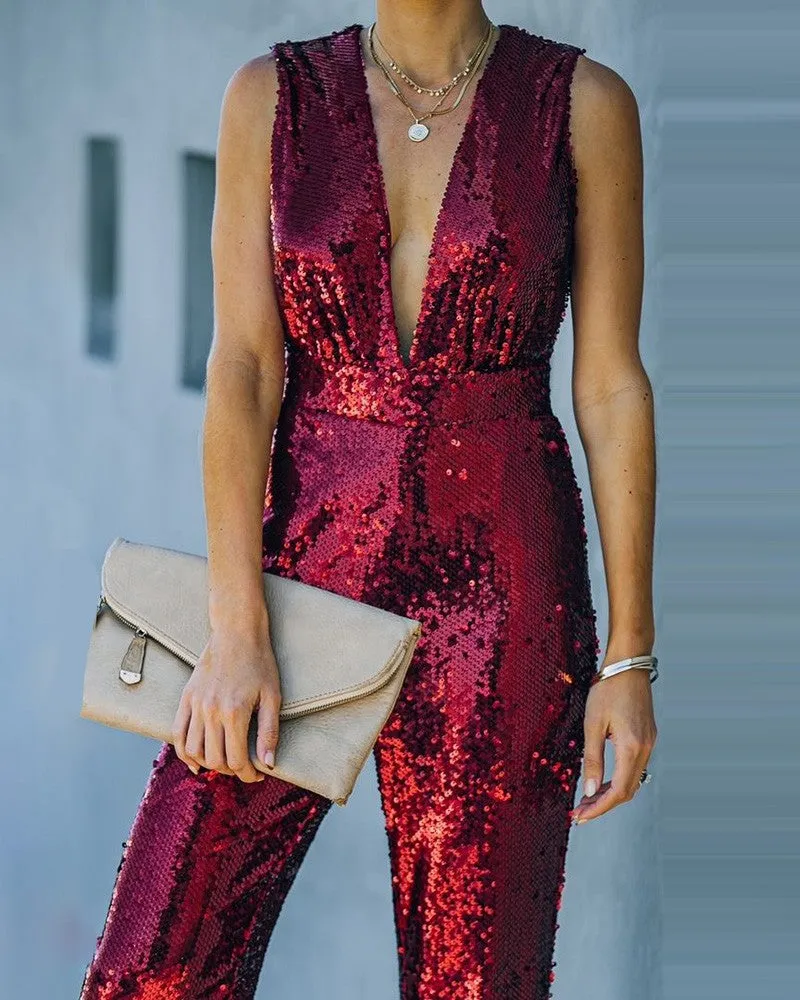 Allover Sequins Plunge Sleeveless Jumpsuit