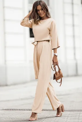 Apricot  Bracelet Sleeve Waist Tie Wide Leg Jumpsuit