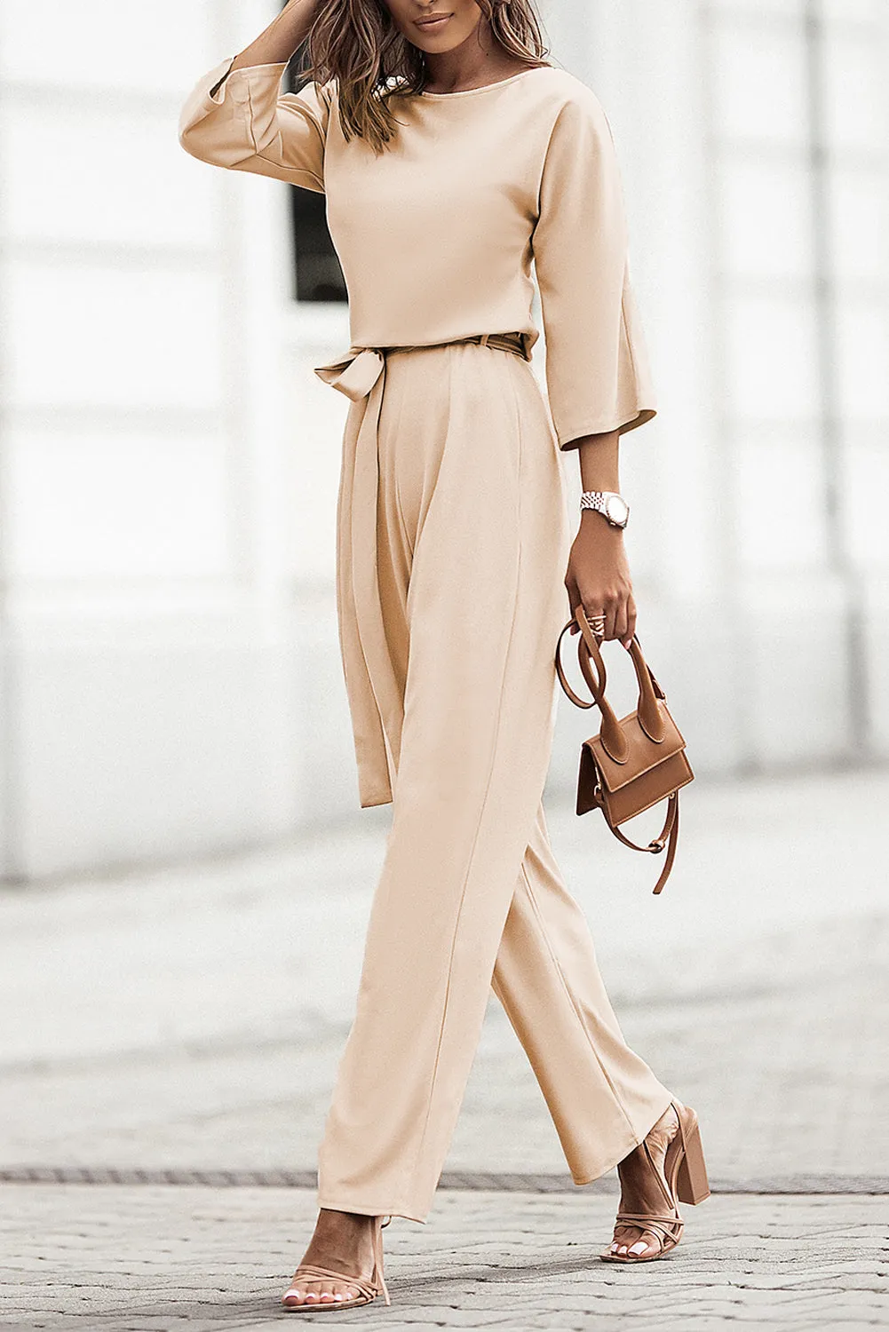 Apricot  Bracelet Sleeve Waist Tie Wide Leg Jumpsuit