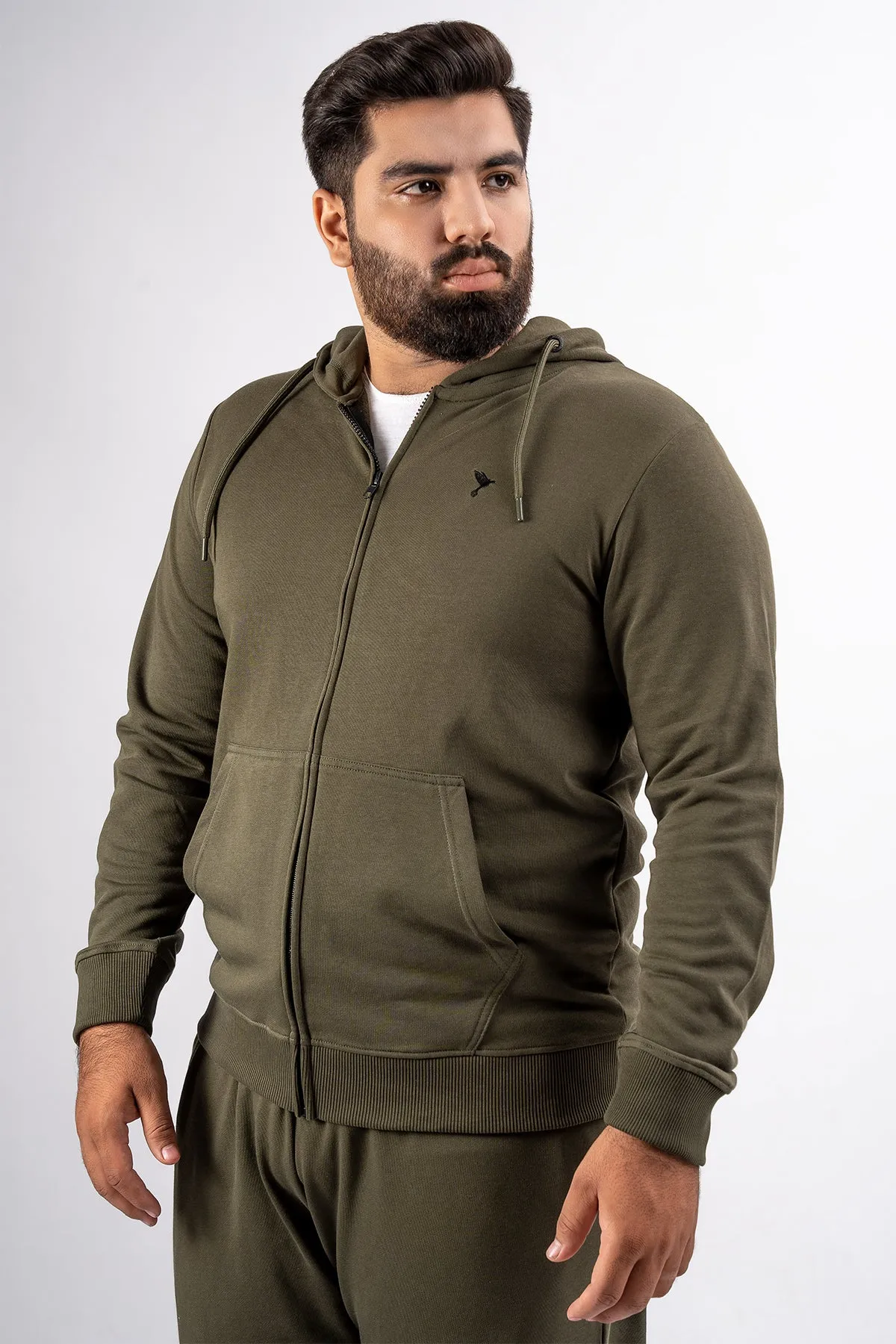 Army Green Embroidered Zipper Hoodie (Plus Size) - S24 - MH0094P