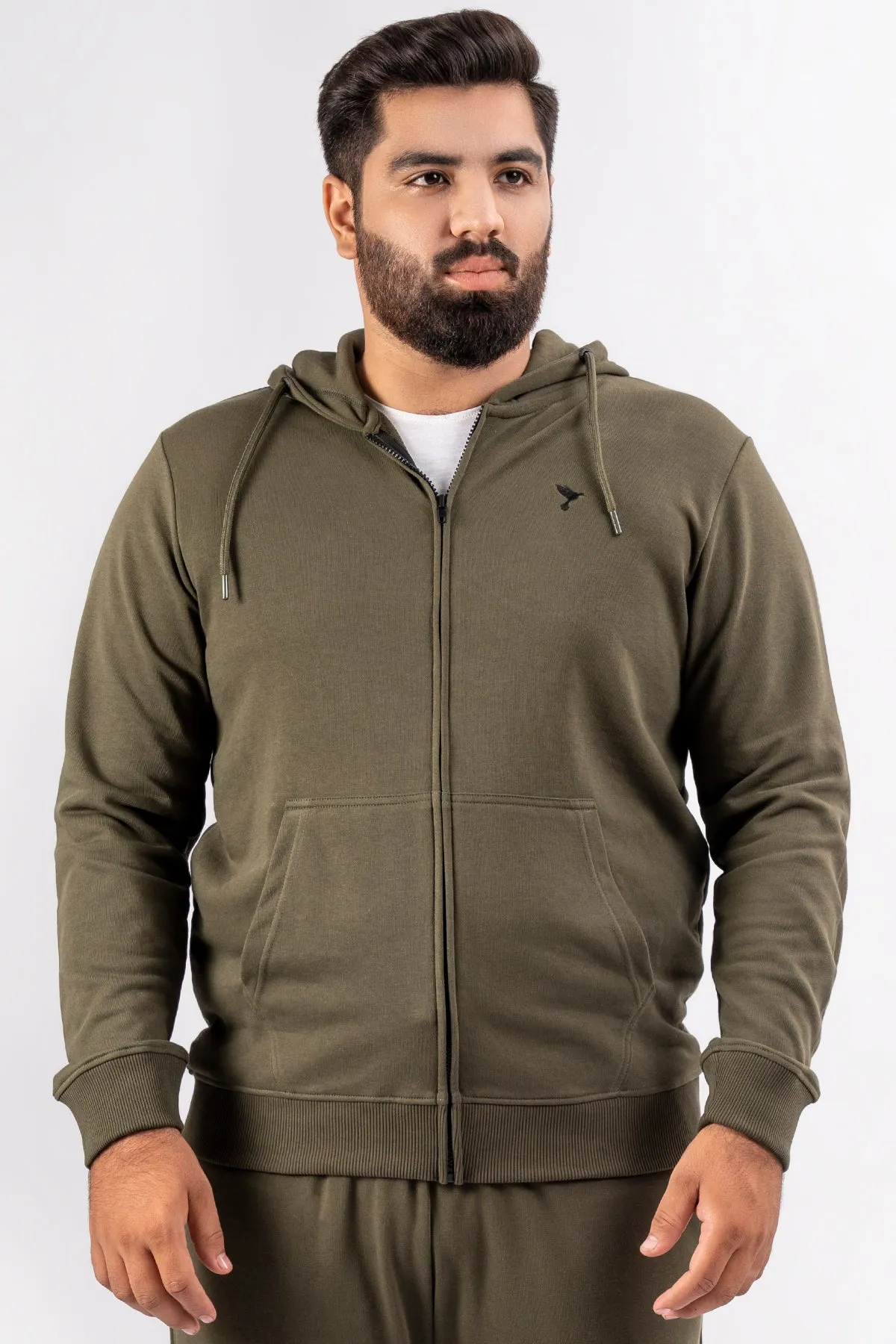 Army Green Embroidered Zipper Hoodie (Plus Size) - S24 - MH0094P