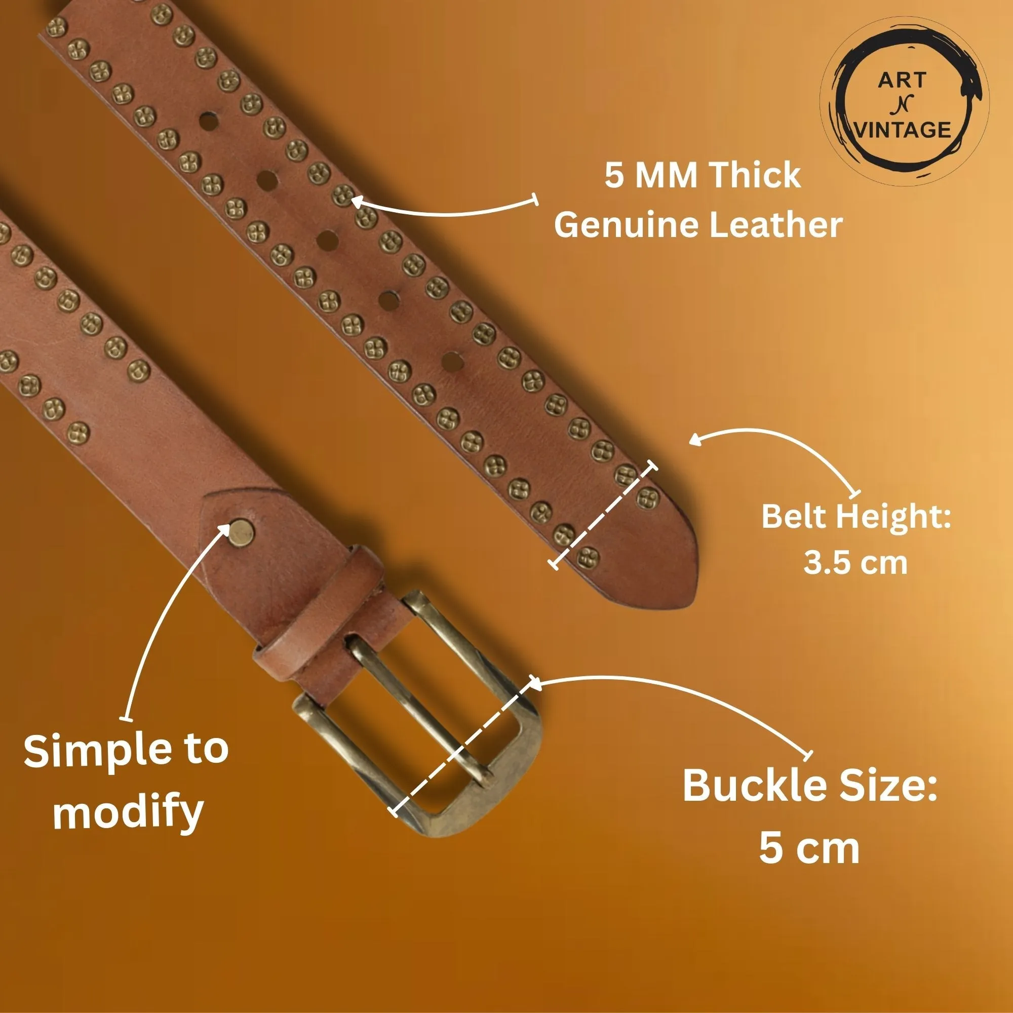 Art N Vintage Premium Cognac Genuine Leather Studded Men's Belt - Stylish & Durable