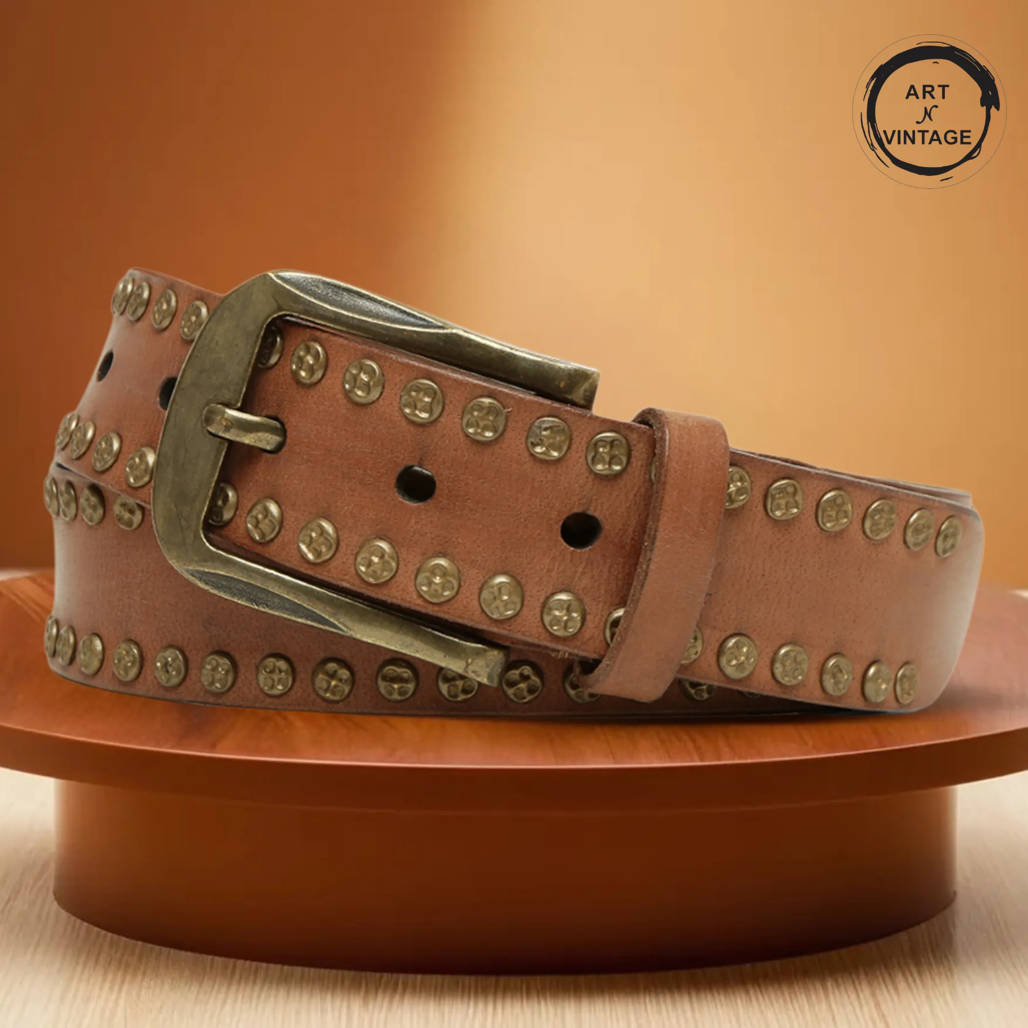 Art N Vintage Premium Cognac Genuine Leather Studded Men's Belt - Stylish & Durable