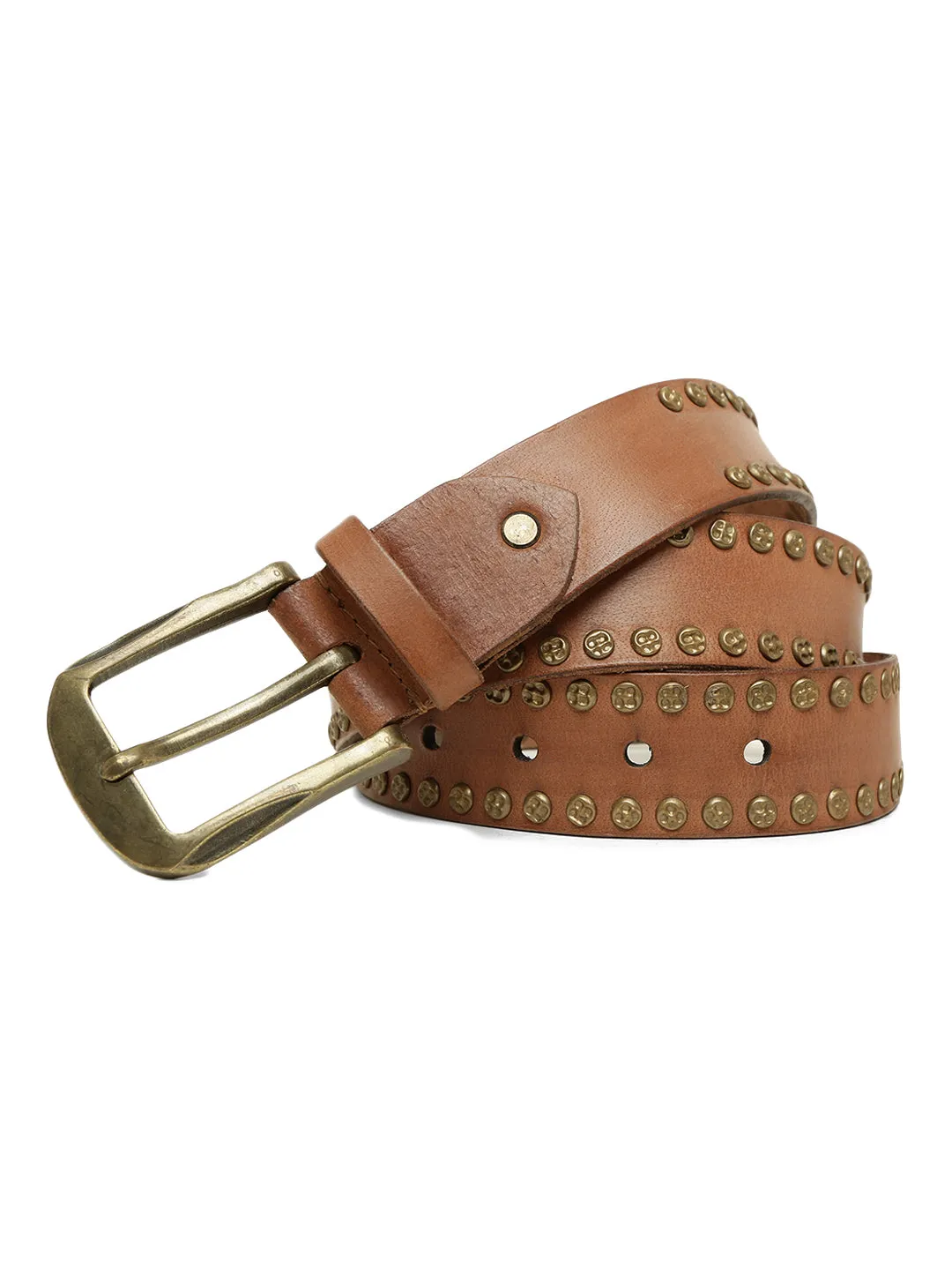 Art N Vintage Premium Cognac Genuine Leather Studded Men's Belt - Stylish & Durable