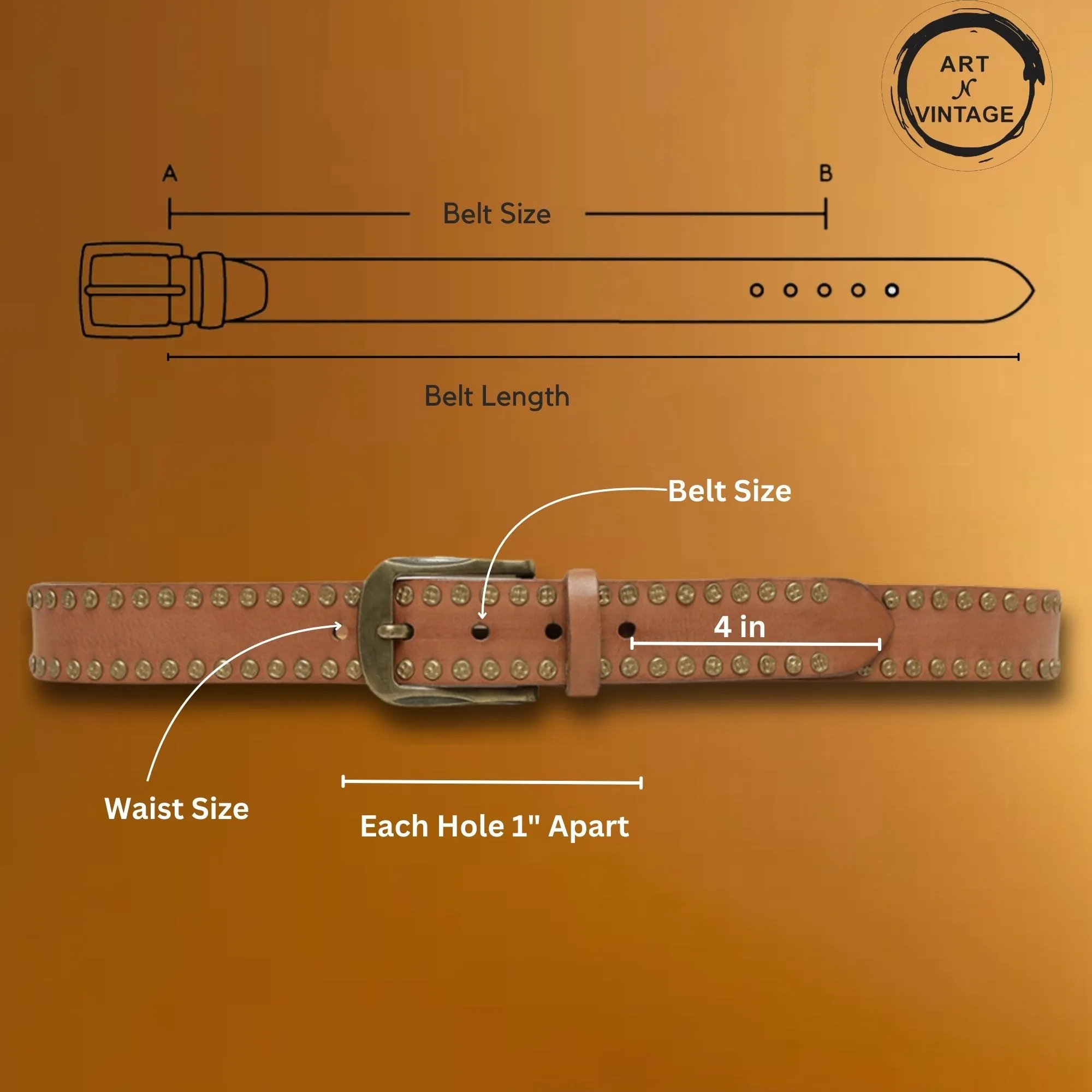 Art N Vintage Premium Cognac Genuine Leather Studded Men's Belt - Stylish & Durable