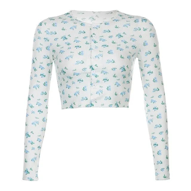 Autumn Small Flower Print Knitted Cropped Shirt Long Sleeve