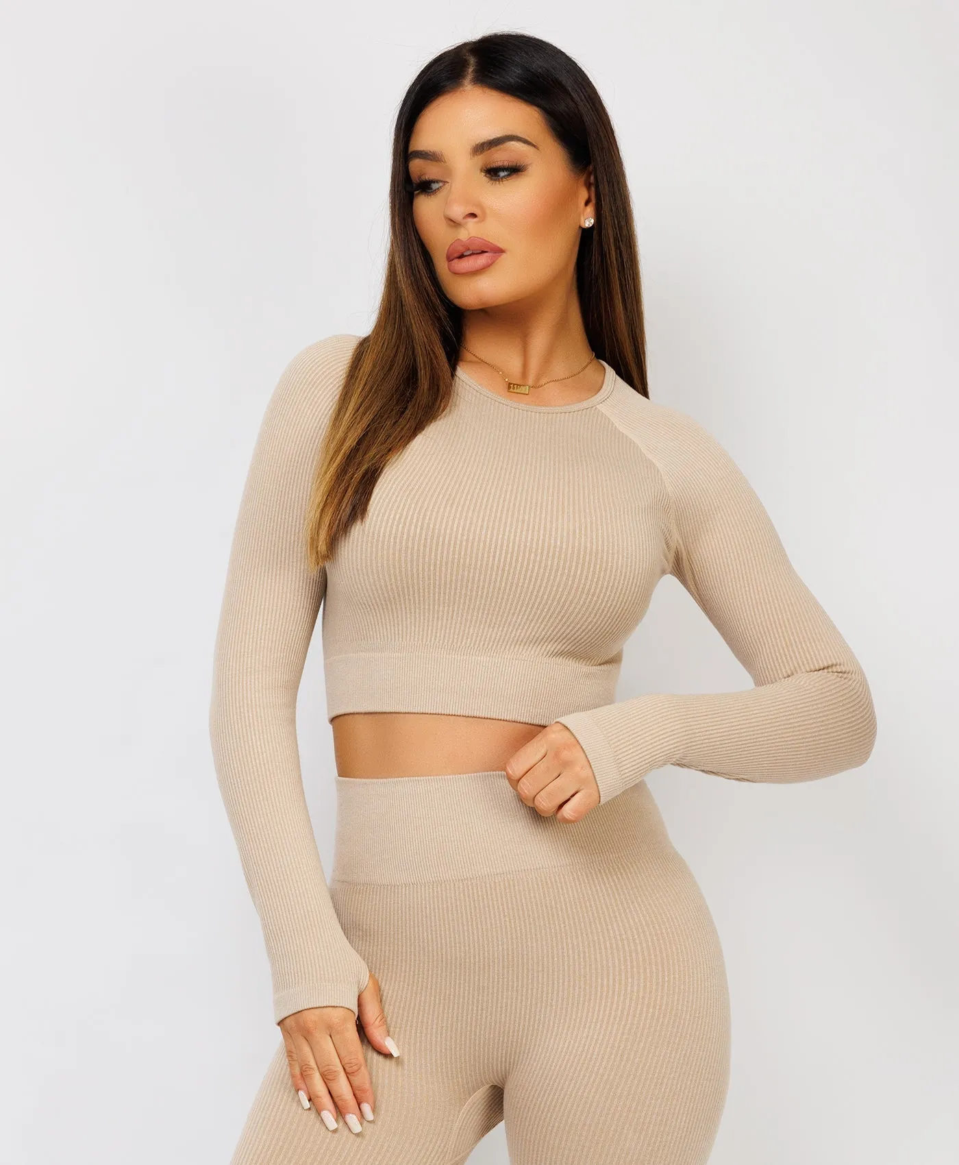 Beige Strechy Ribbed Cropped High Waist Tracksuit Set