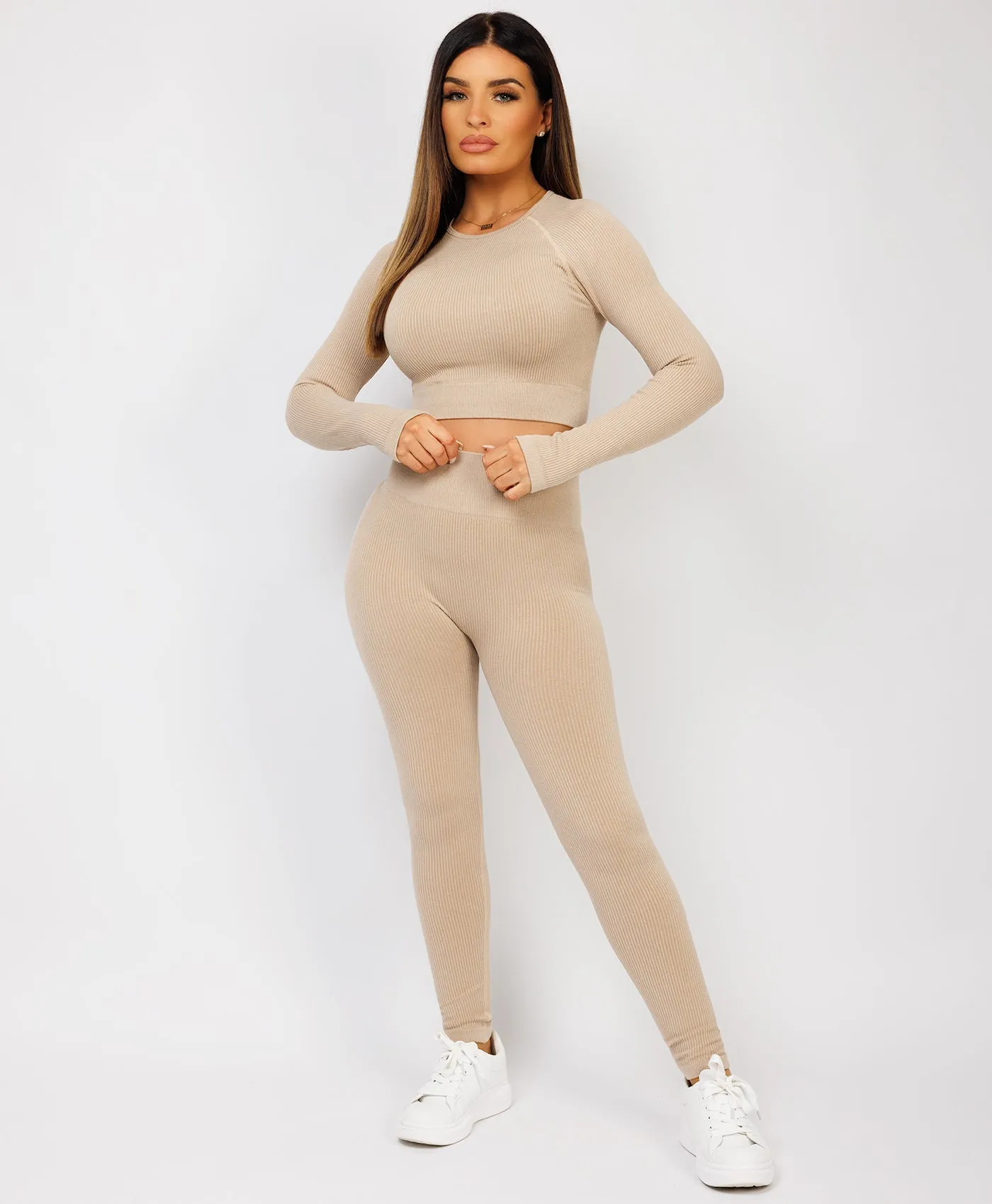 Beige Strechy Ribbed Cropped High Waist Tracksuit Set