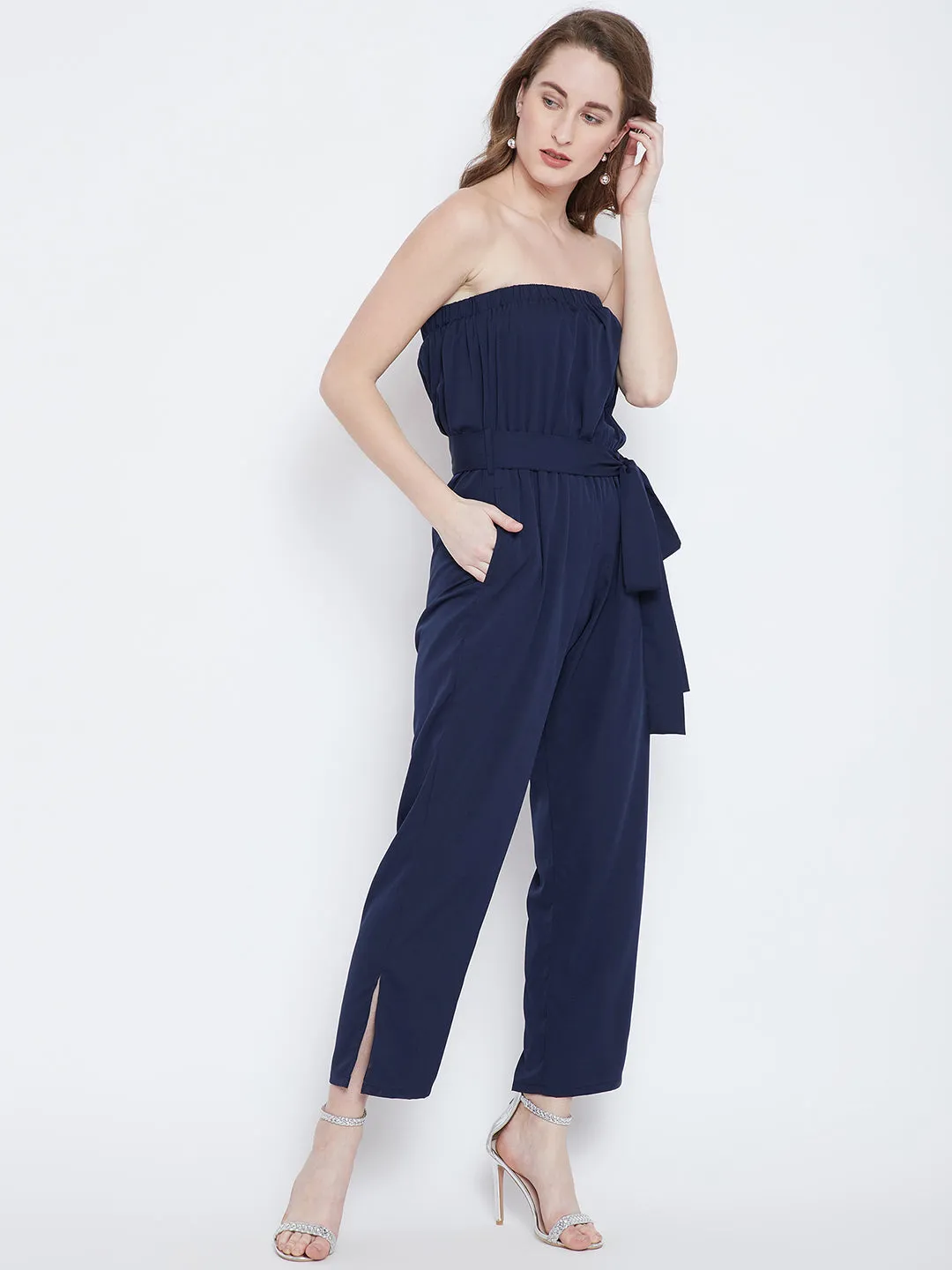 Berrylush Women Solid Navy Blue Off-Shoulder Waist Tie-Up Slited Jumpsuit