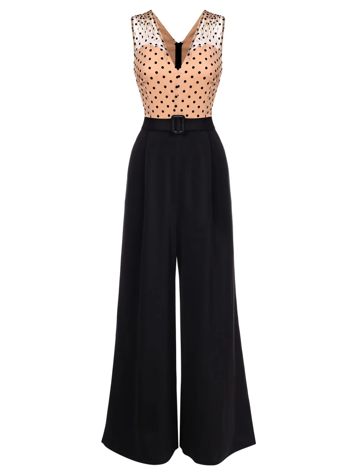 Black 1930s Polka Dot Patchwork Belt Jumpsuit