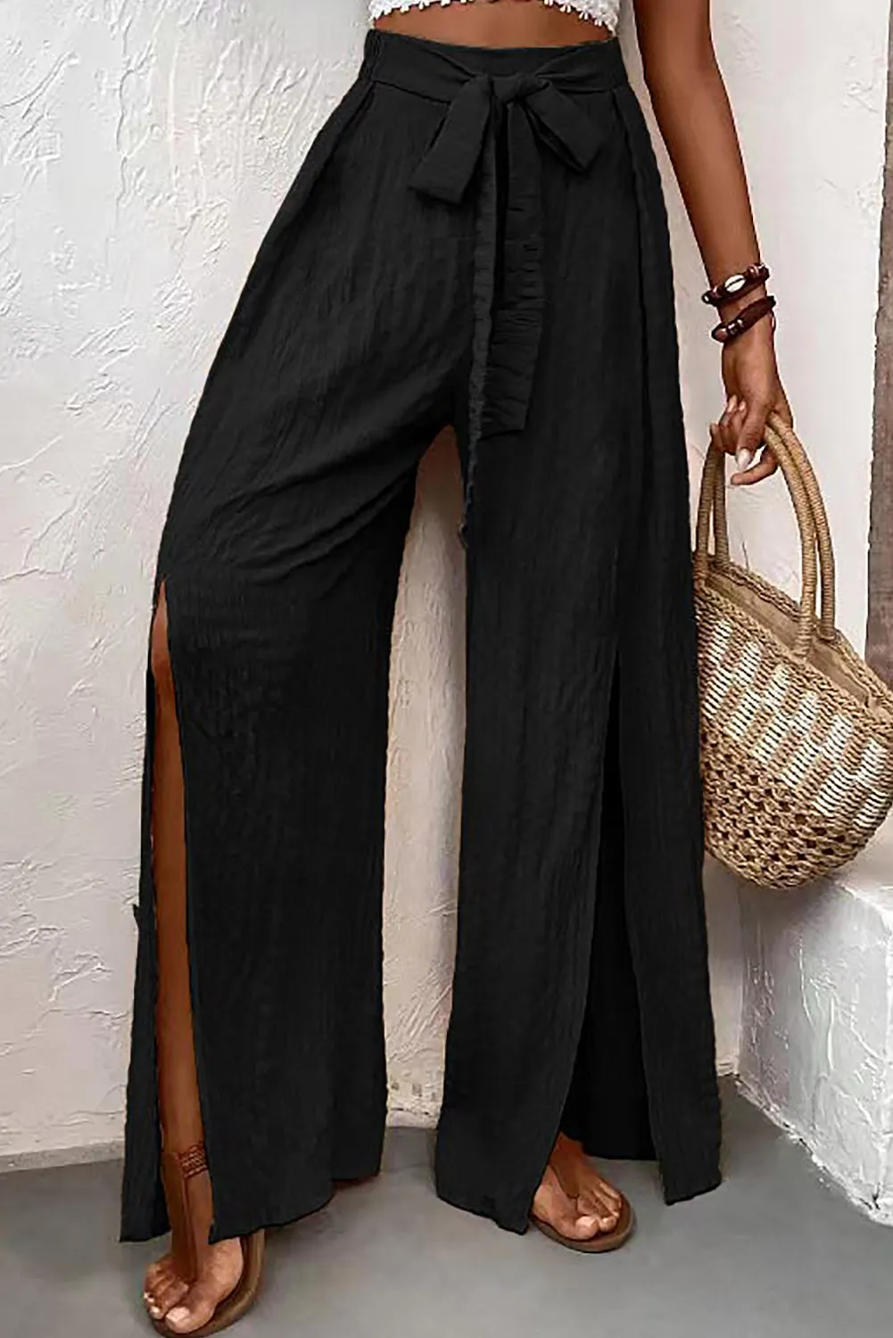 Black Crinkle Texture Knot Waist Slits Flared Pants