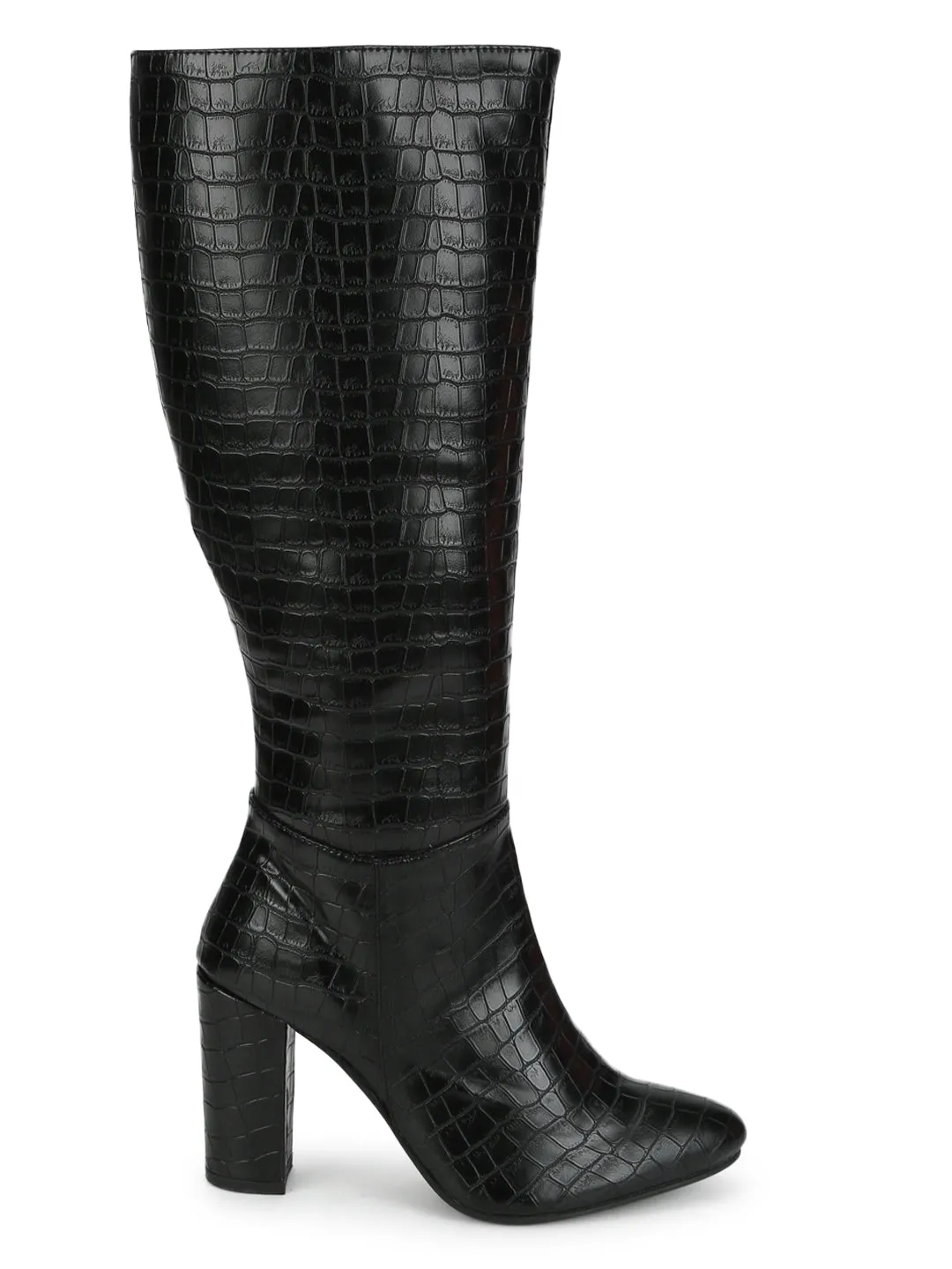 Black Croc Block Heel Knee High Boots