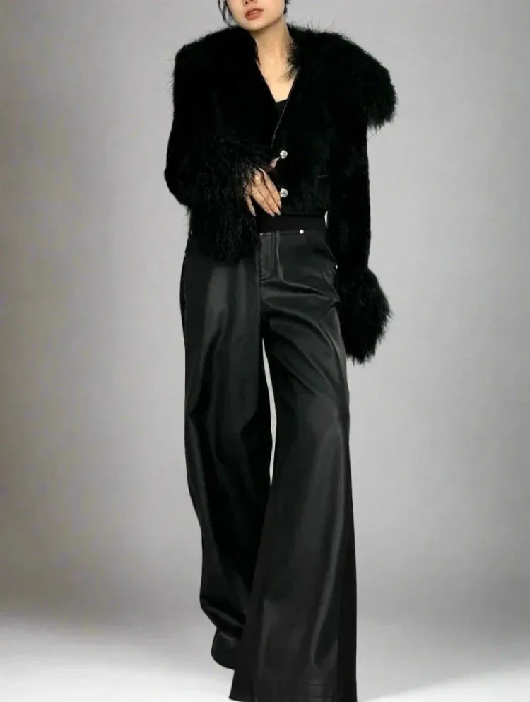 Black Fur Collar Double Button Crop Jacket