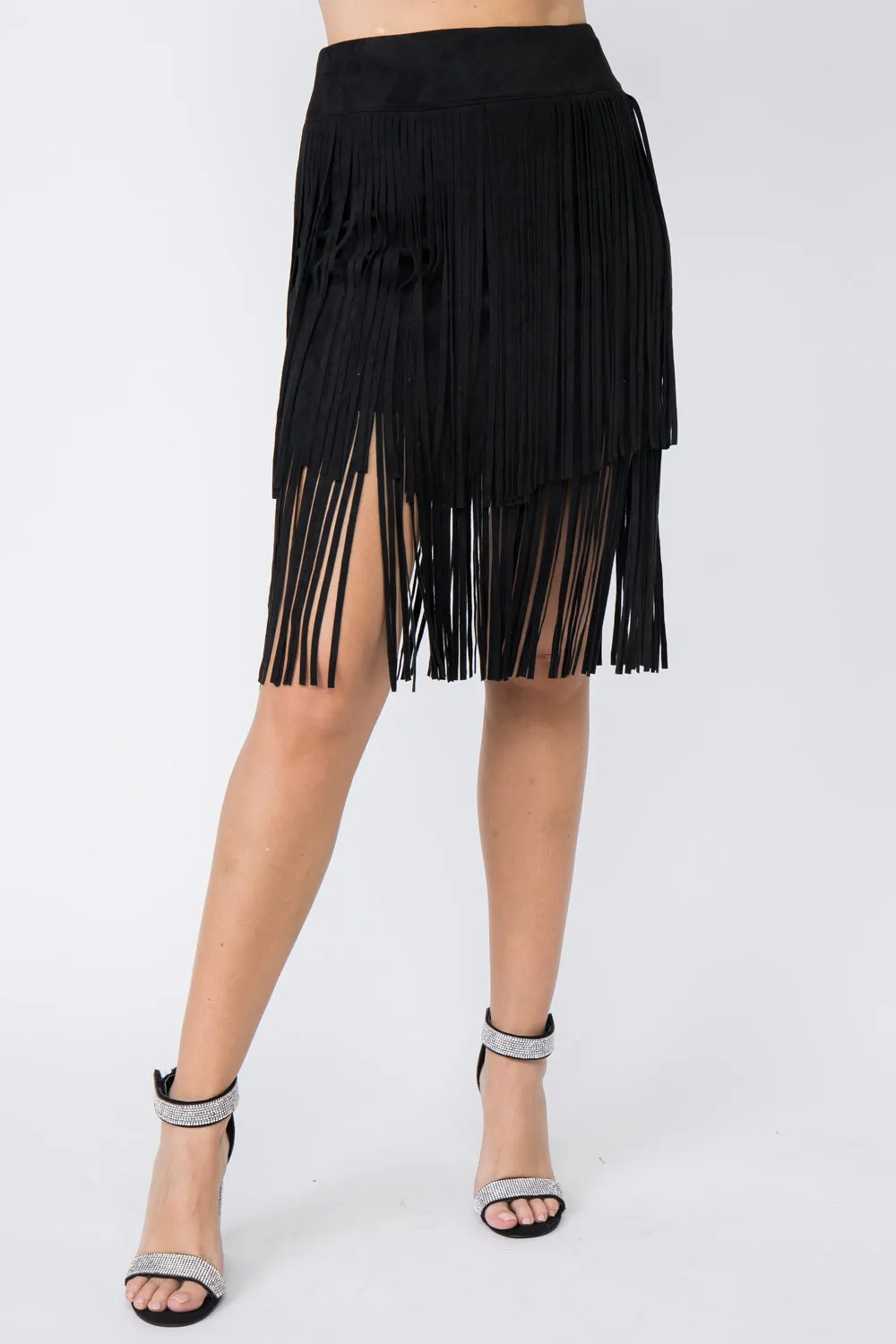 Black Ultra Suede Fringe Mini Skirt