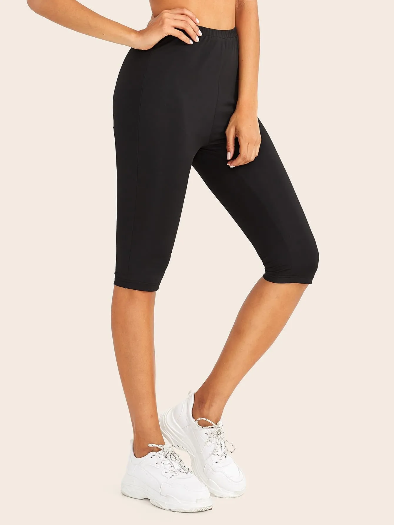 Black Elastic Waist Skinny Solid Leggings Shorts