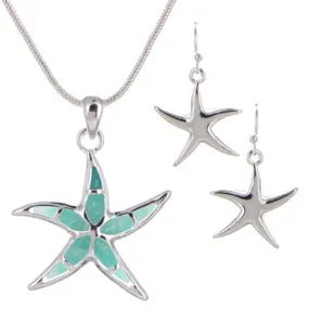 Blue Resin Silver Starfish Pendant Necklace & Earrings Set