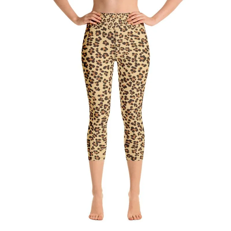 Brown Leopard Capri Leggings, Animal Print Women's Stretchy Yoga Pants- Made in USA/EU