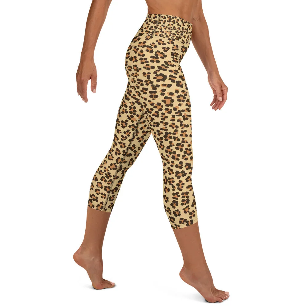 Brown Leopard Capri Leggings, Animal Print Women's Stretchy Yoga Pants- Made in USA/EU