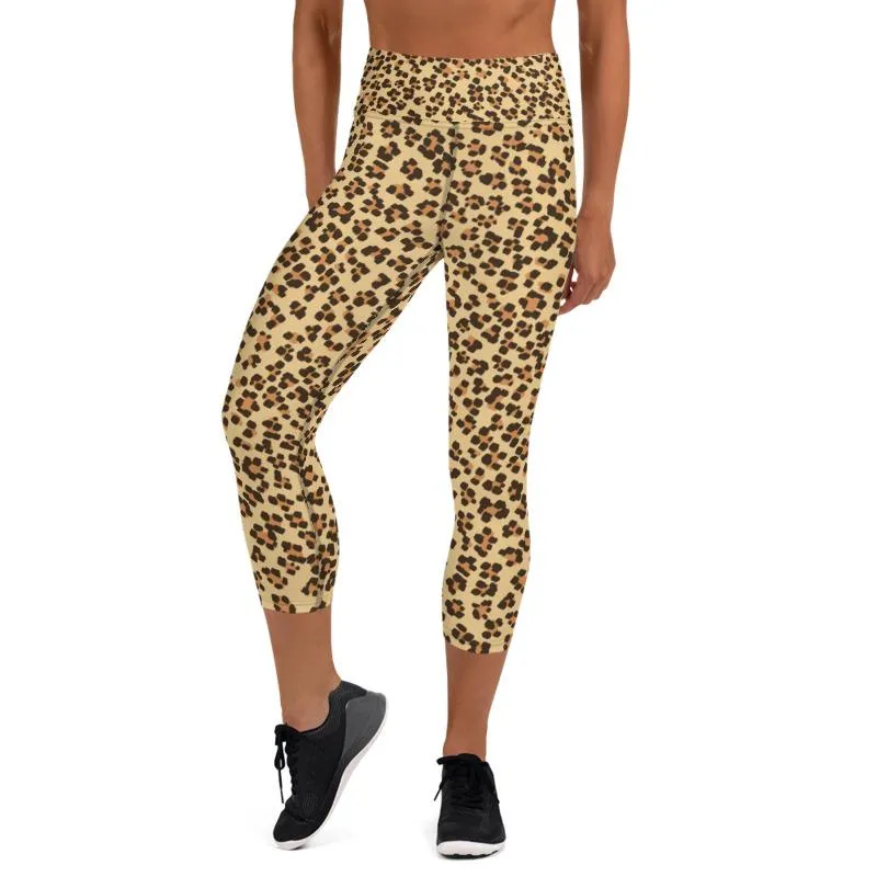 Brown Leopard Capri Leggings, Animal Print Women's Stretchy Yoga Pants- Made in USA/EU