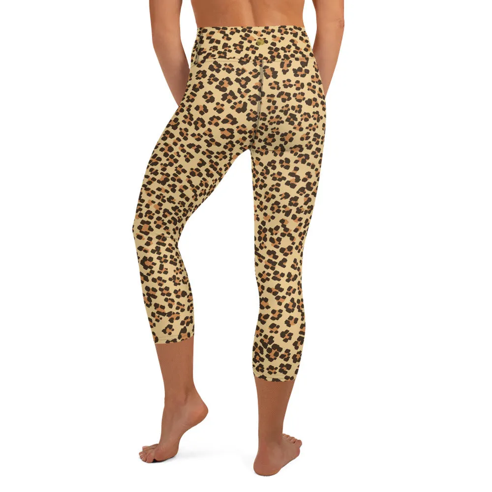 Brown Leopard Capri Leggings, Animal Print Women's Stretchy Yoga Pants- Made in USA/EU