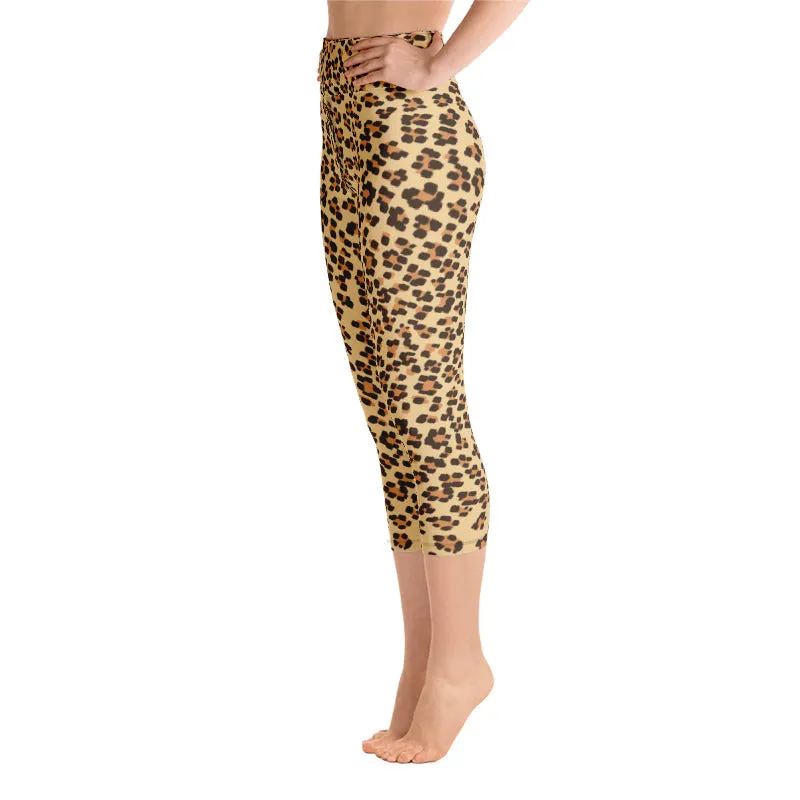 Brown Leopard Capri Leggings, Animal Print Women's Stretchy Yoga Pants- Made in USA/EU