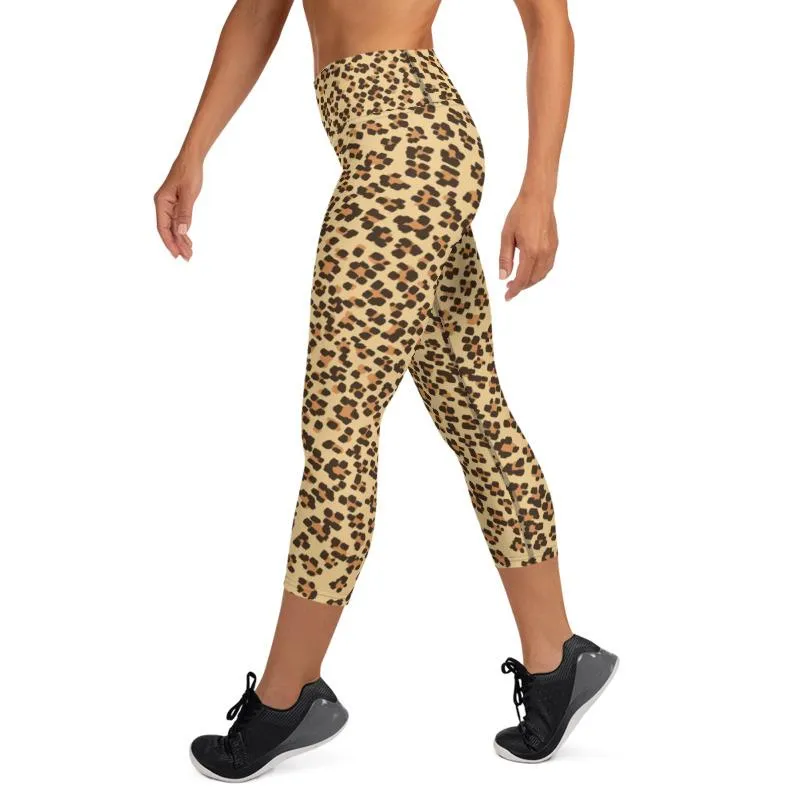 Brown Leopard Capri Leggings, Animal Print Women's Stretchy Yoga Pants- Made in USA/EU