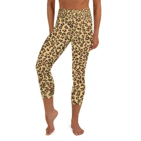 Brown Leopard Capri Leggings, Animal Print Women's Stretchy Yoga Pants- Made in USA/EU