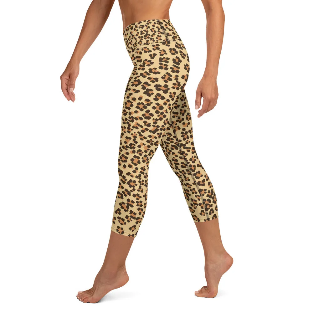 Brown Leopard Capri Leggings, Animal Print Women's Stretchy Yoga Pants- Made in USA/EU