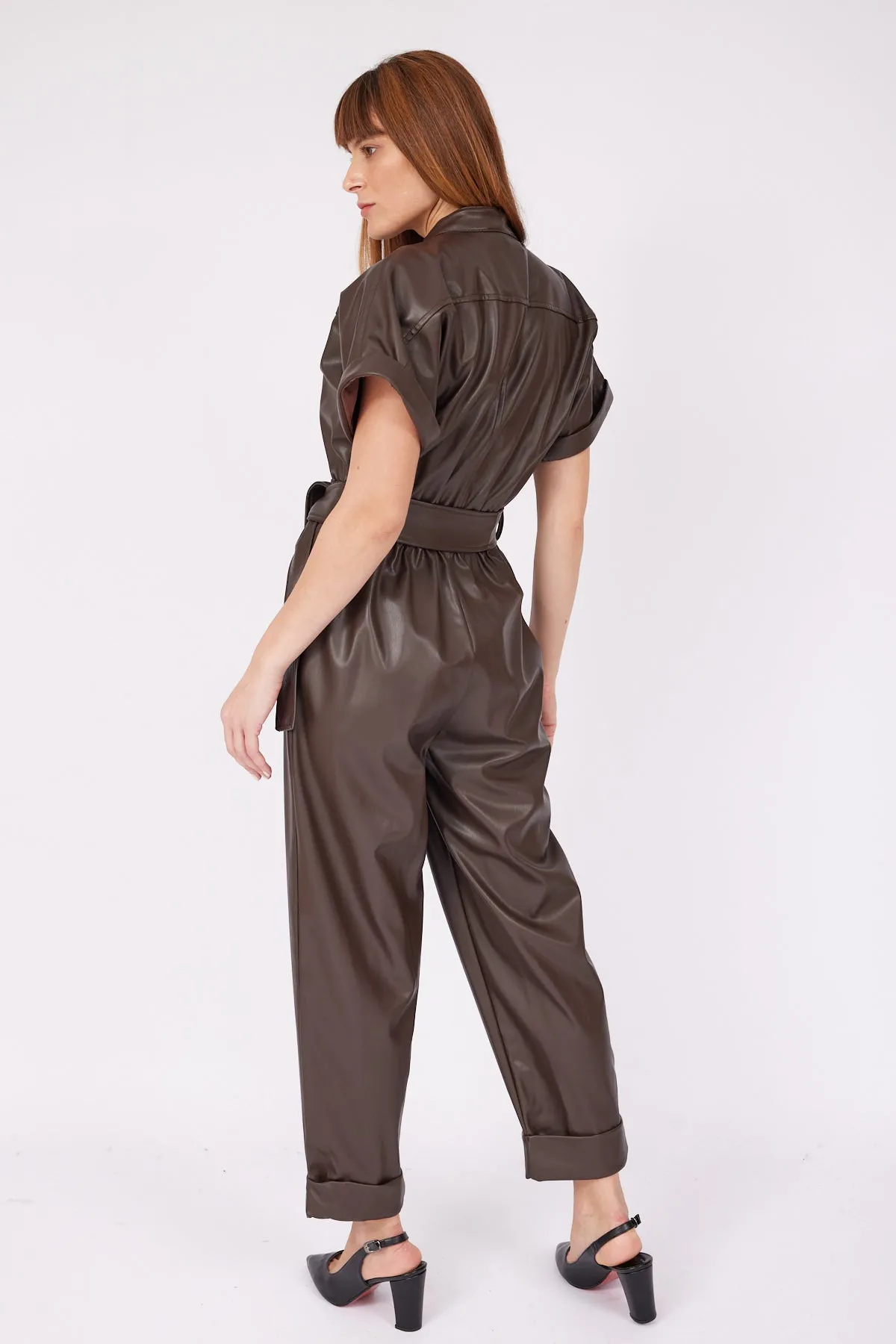 Brown Waist Elastic Leather Jumpsuit