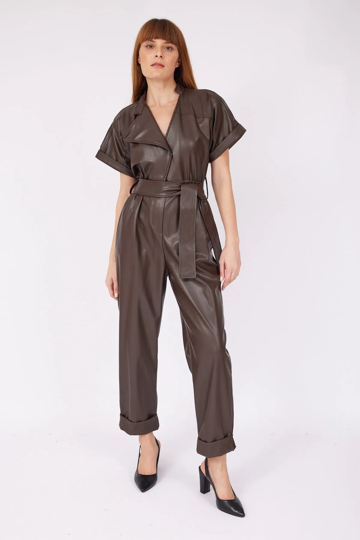 Brown Waist Elastic Leather Jumpsuit