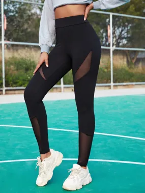 Casual Plain Contrast Mesh Long Women Leggings