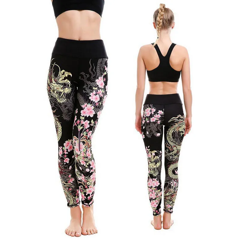 Chinese dragon flower printed Stretchy Pants DE108