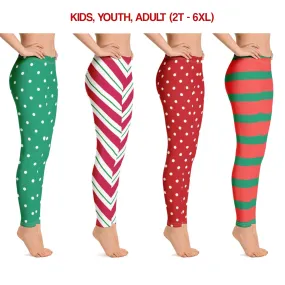 Christmas Leggings, Candy Cane Elf Striped Red Yoga Pants Printed Workout Green White Polka Dots Women Girls Kids Plus Sizes, Toddler Mommy and Me