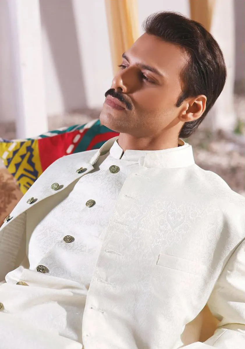 Classic Brilliant White Jamawar Traditional plain Sherwani